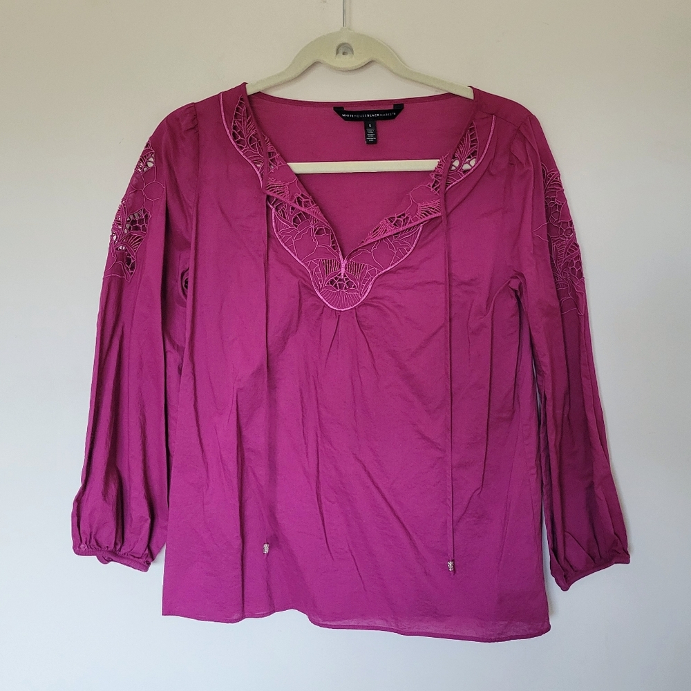 WHBM Midnight Orchid Magenta Floral Cutout 3/4 Sleeve Blouse Top